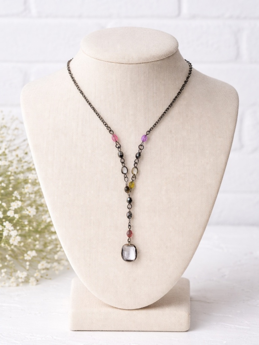 Y2K Multi-Color Beaded Lariat Drop Gunmetal Chain Necklace